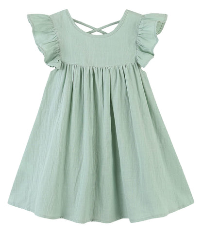 GSVIBK Girls Linen Cotton Dress Flutter Sleeve Back Cross Dress Toddler A-Line Skater Dress Baby Girl Halter Casual Sundress