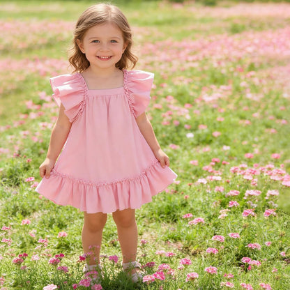 Toddler Girl Flutter Sleeve Dress, Back Bow Wrinkle Resistant Casual Outfit