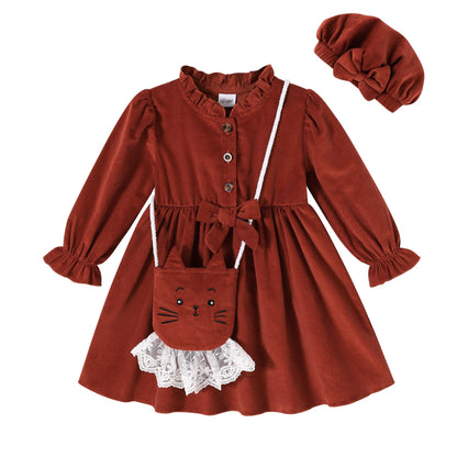 Happy Town Toddler Fall Dress Baby Girls Long Sleeve Bowknot Dresses Kids Winter Casual Outfits with Hat and Bag