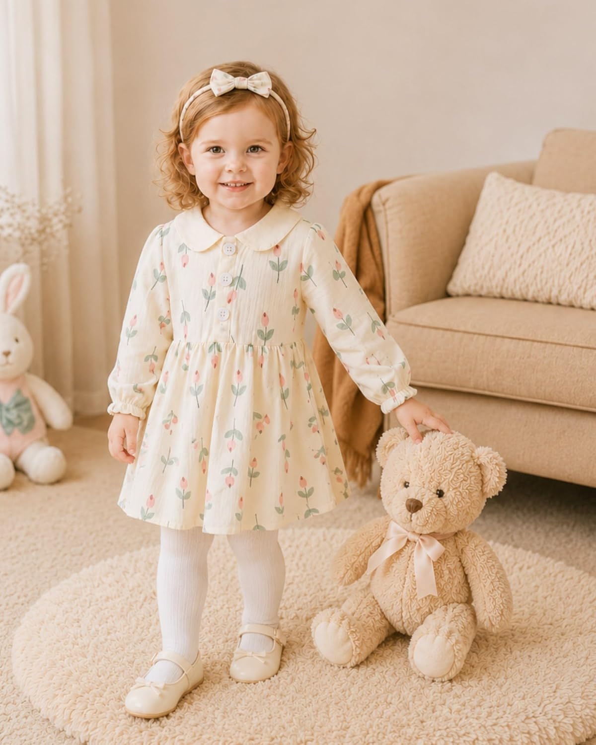 Renotemy Baby Girl Dress Fall Button Peter Pan Collar Floral Dresses 3M-3T