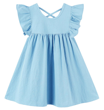 GSVIBK Girls Linen Cotton Dress Flutter Sleeve Back Cross Dress Toddler A-Line Skater Dress Baby Girl Halter Casual Sundress