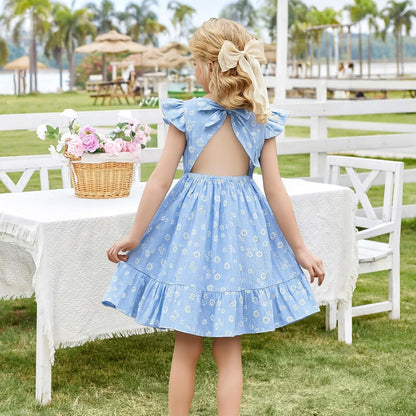 Toddler Girls Backless Cotton Floral Dress, Ruffle Flutter Sleeve,18M-6Y