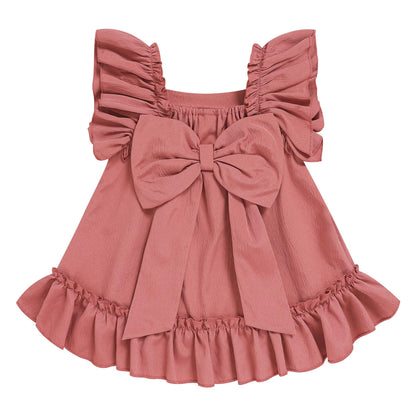 Toddler Girl Flutter Sleeve Dress, Back Bow Wrinkle Resistant Casual Outfit