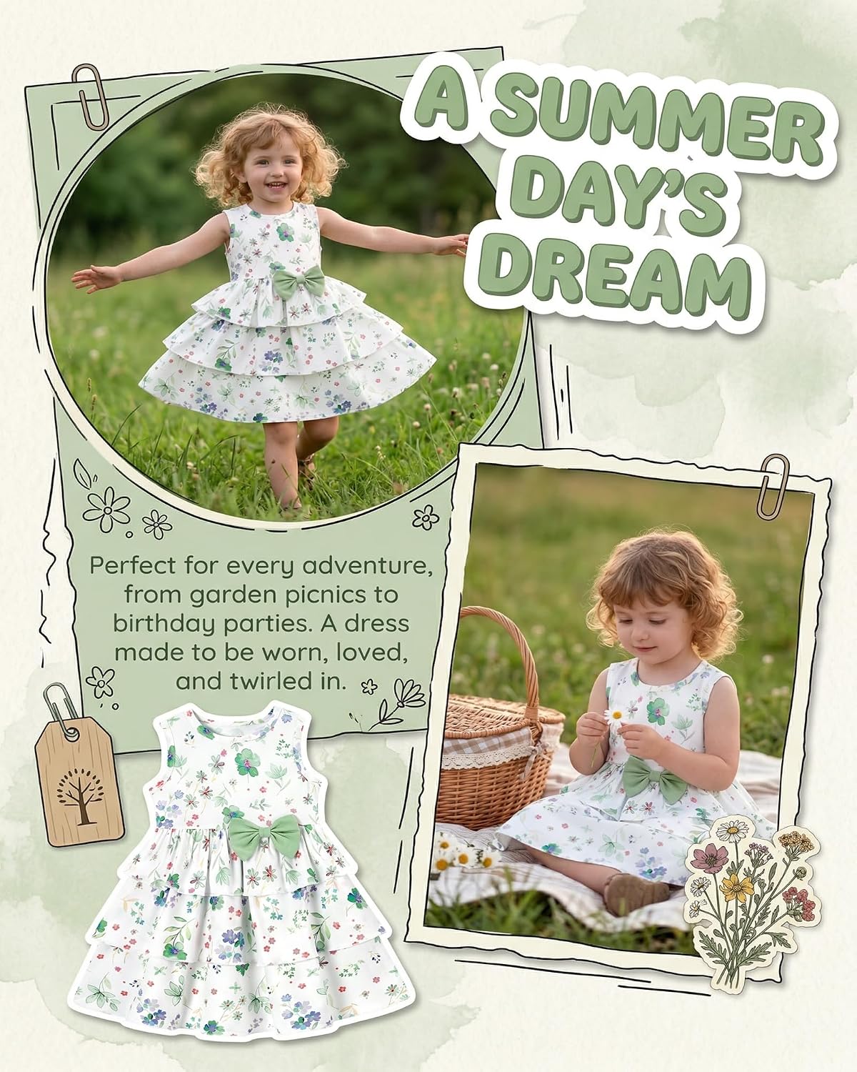 YALLET Toddler Girl Dress Floral Print Bow Tiered Ruffle Summer Sundress