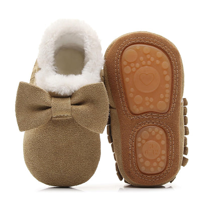 HONGTEYA Baby Moccasins with Fur Fleece Rubber Soles Warm Snow Boots Leather Baby Shoes for Boys Girls