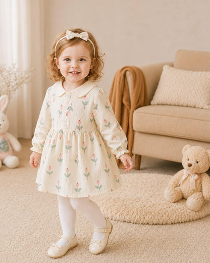 Renotemy Baby Girl Dress Fall Button Peter Pan Collar Floral Dresses 3M-3T