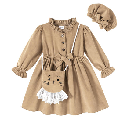 Happy Town Toddler Fall Dress Baby Girls Long Sleeve Bowknot Dresses Kids Winter Casual Outfits with Hat and Bag