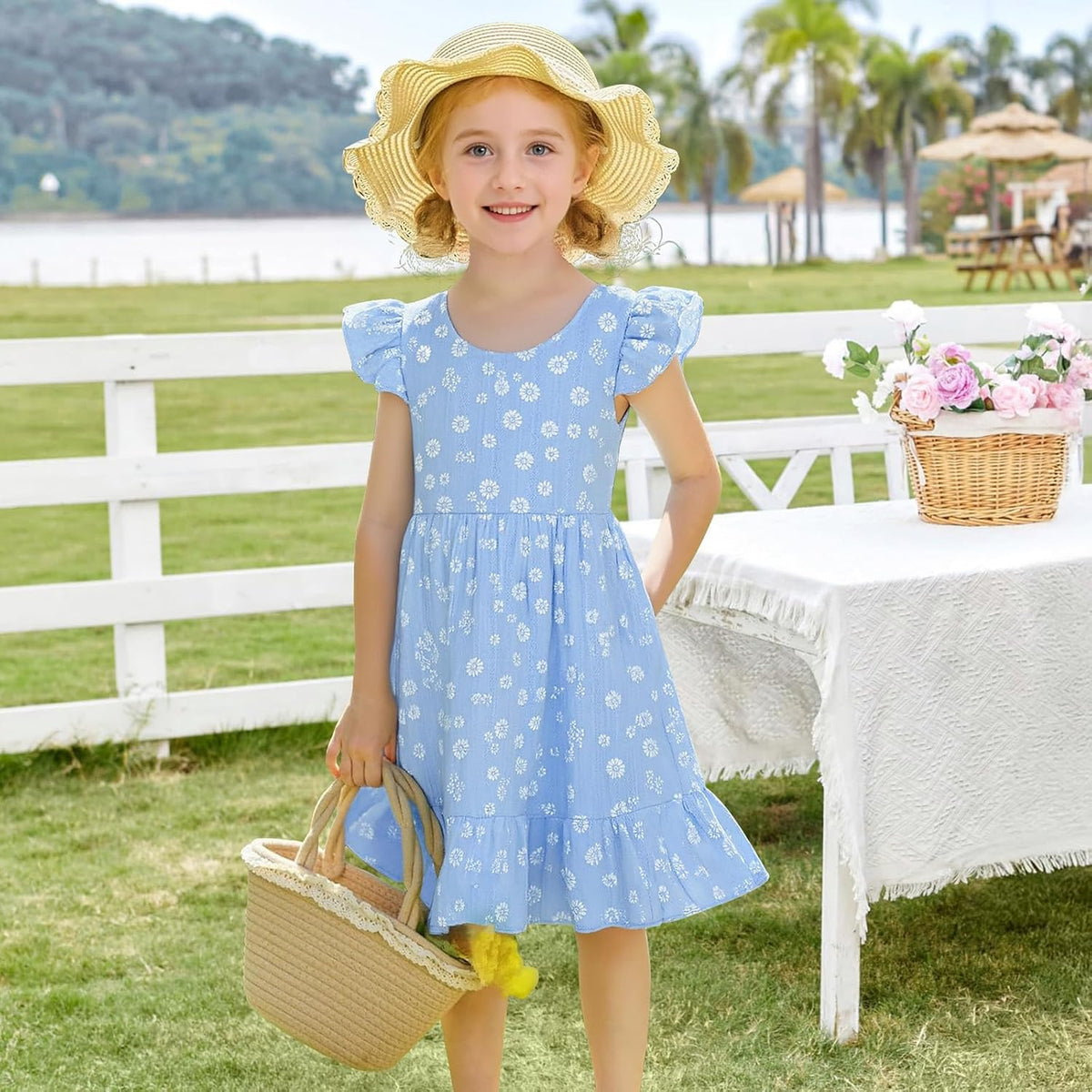 Toddler Girls Backless Cotton Floral Dress, Ruffle Flutter Sleeve,18M-6Y