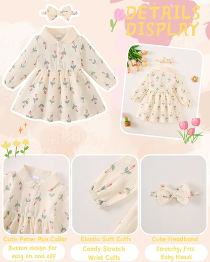Renotemy Baby Girl Dress Fall Button Peter Pan Collar Floral Dresses 3M-3T