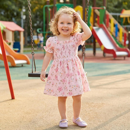 Baby Girl Floral Dress Toddler Rose Outfit Short Puff Sleeve Cotton Linen Smocked Ruffle Dresses Summer Clothes