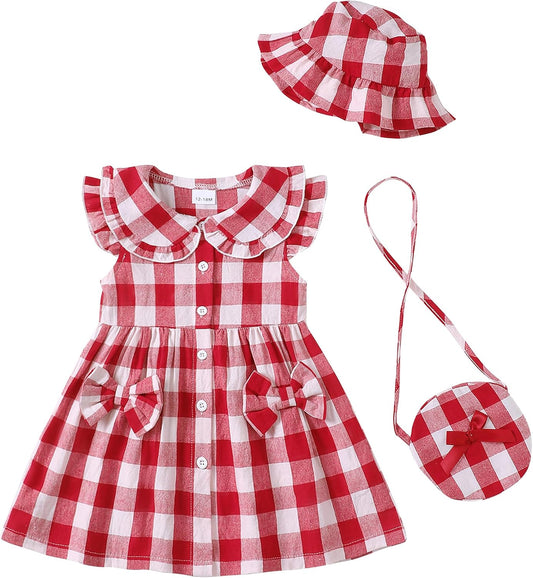 SODLON Toddler Baby Girl Dress Summer Clothes Infant Ruffle Peter Pan Collar Plaid Dresses Casual Bowknot Sundress for Girls