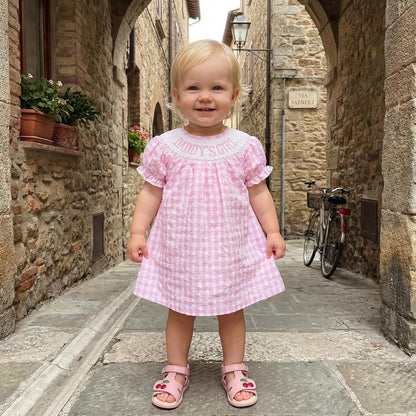Toddler Little Baby Girl 4th of July Dress Puff Short Sleeve Stripes Smocked Dresses Kids Fourth of July Outfit