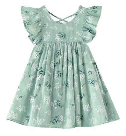 GSVIBK Girls Linen Cotton Dress Flutter Sleeve Back Cross Dress Toddler A-Line Skater Dress Baby Girl Halter Casual Sundress