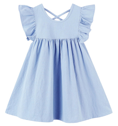 GSVIBK Girls Linen Cotton Dress Flutter Sleeve Back Cross Dress Toddler A-Line Skater Dress Baby Girl Halter Casual Sundress