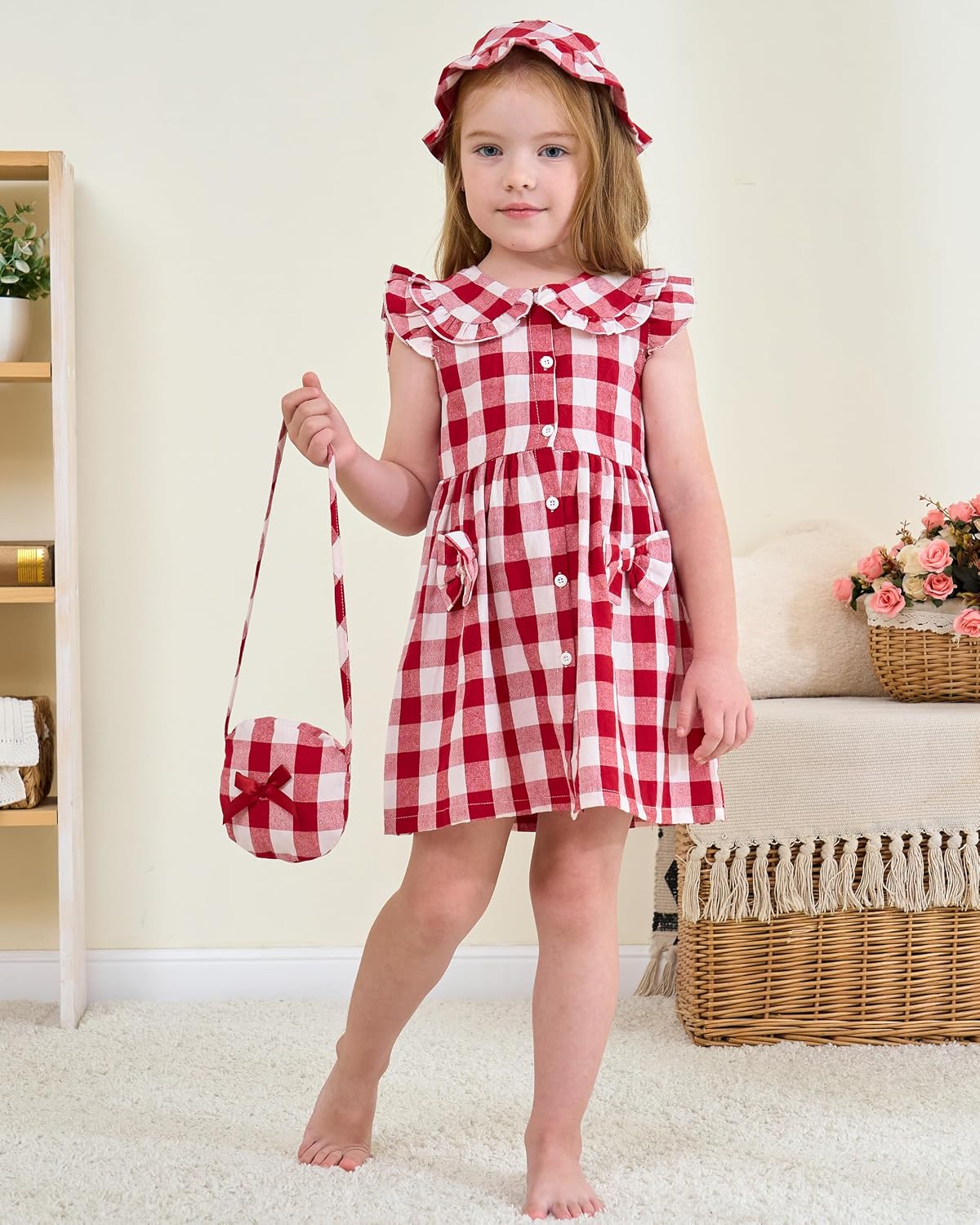 SODLON Toddler Baby Girl Dress Summer Clothes Infant Ruffle Peter Pan Collar Plaid Dresses Casual Bowknot Sundress for Girls