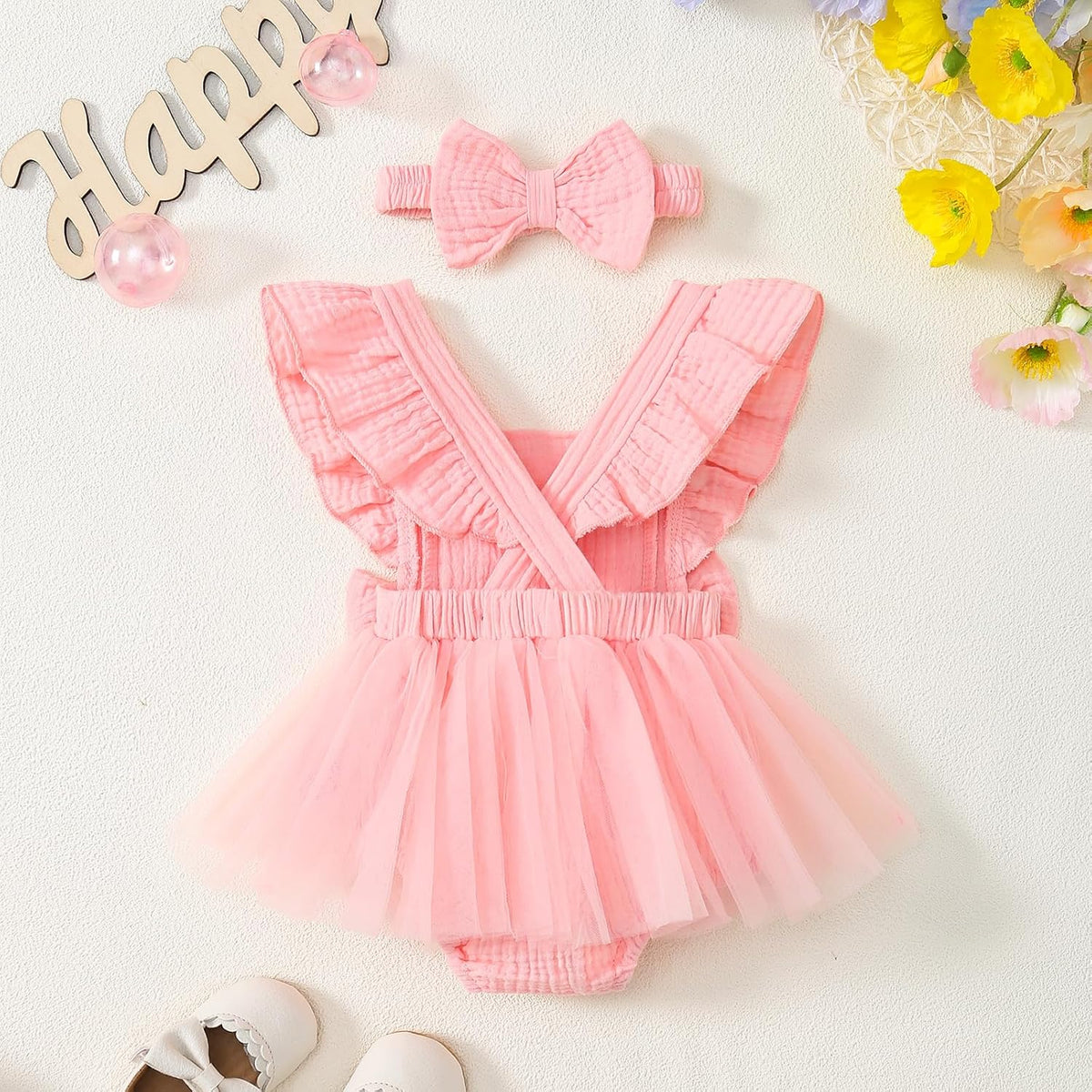 Baby Girl 1st Birthday Tulle Romper Dress Ruffle Bodysuit