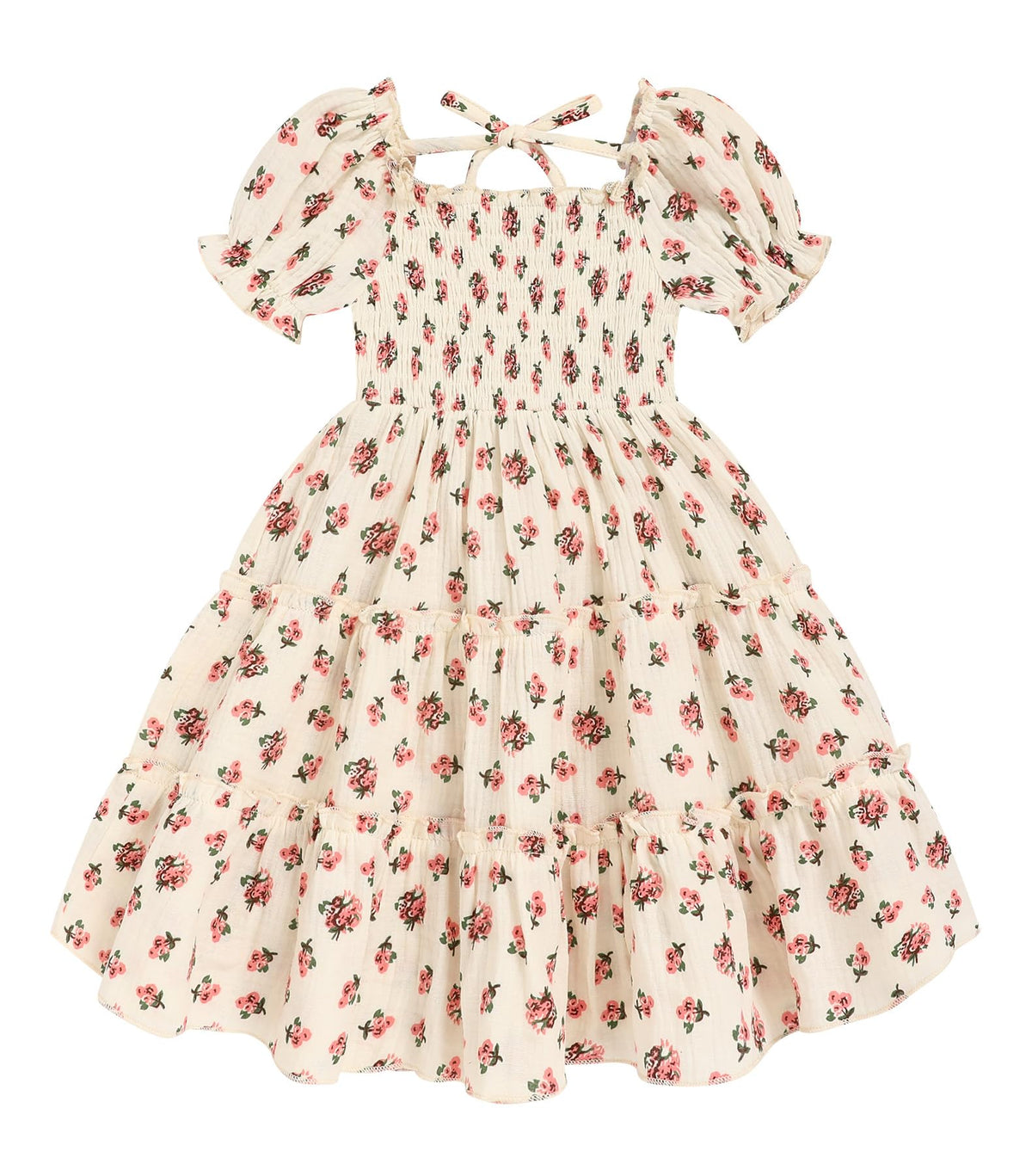 Toddler Girl Dress Short Sleeve Kids Floral Smocked Square Neck Beach Sundress | Summer Fashion Dresses 2-7Y