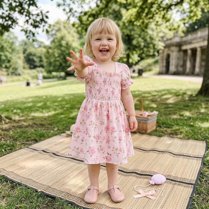 Baby Girl Floral Dress Toddler Rose Outfit Short Puff Sleeve Cotton Linen Smocked Ruffle Dresses Summer Clothes