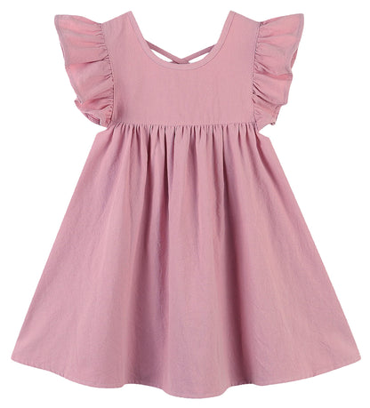 GSVIBK Girls Linen Cotton Dress Flutter Sleeve Back Cross Dress Toddler A-Line Skater Dress Baby Girl Halter Casual Sundress